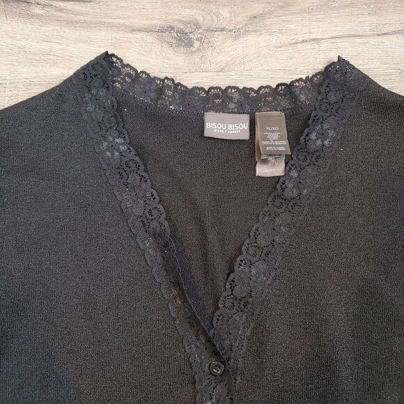Vintage 90s Y2K Bisou Bisou Lace Trim Cardigan Sweater Black Whimsigoth Preppy - Picture 4 of 10